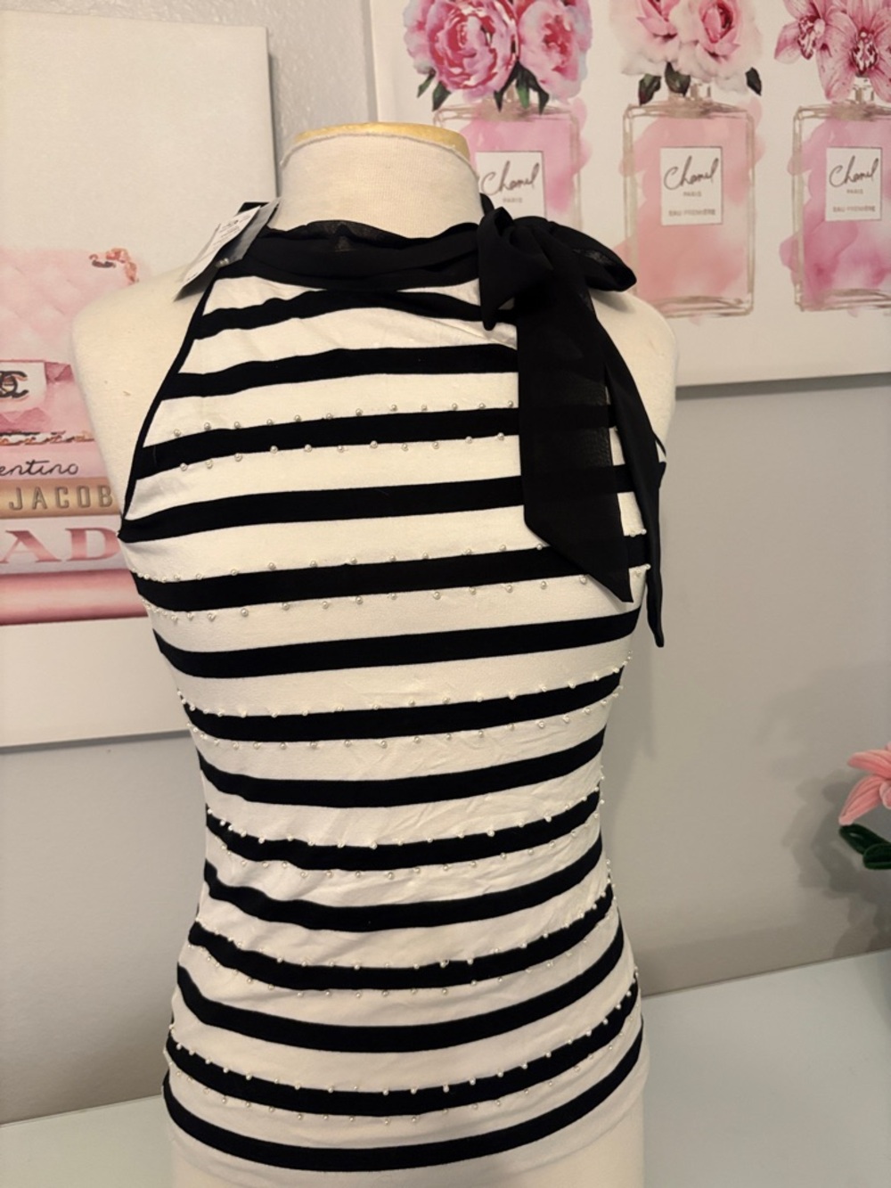 White House Black Market Black & White Striped Halter Tie-Neck Tank